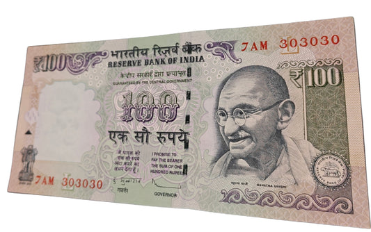 Fancy Number 100 Rupee Note 7AM 303030 | Collectible Indian Currency"