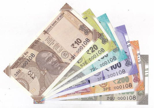 This rare collectible set  000108 in multiple denominations (₹10, ₹20, ₹50, ₹100, ₹200 & ₹500).
