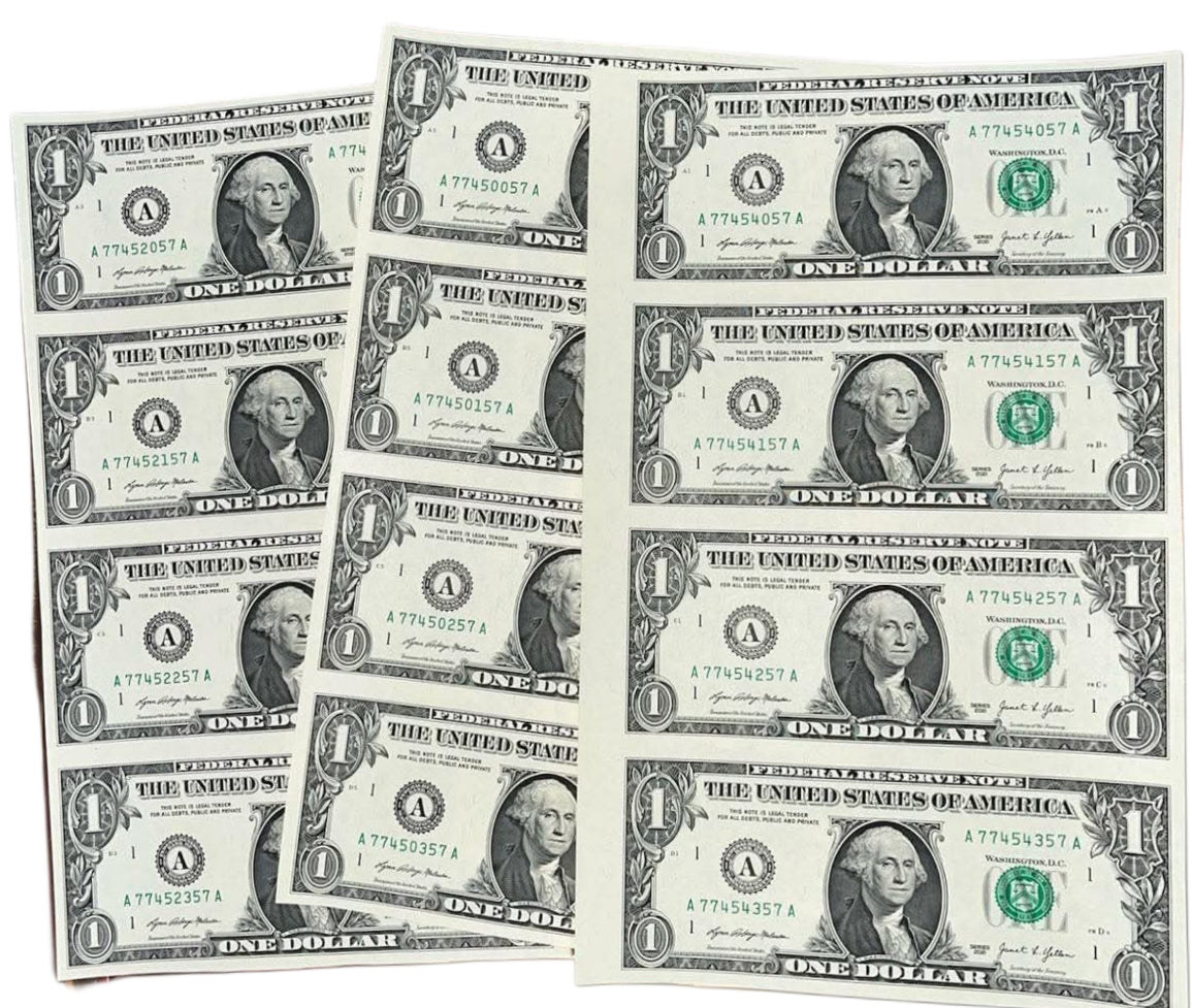 1 Dollar Uncut Sheet | Rare U.S. Federal Reserve Notes | Collectible Currency Sheet