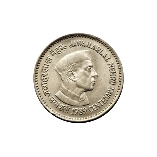 1989 Rs 1 Indian commemorative coin featuring Pandit Jawaharlal Nehru portrait celebrating his birth centenary 1889-1989.