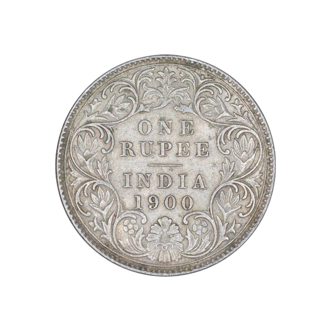 Rare 1900 one rupee India silver coin featuring Queen Victoria Empress with floral wreath reverse in collectible condition.