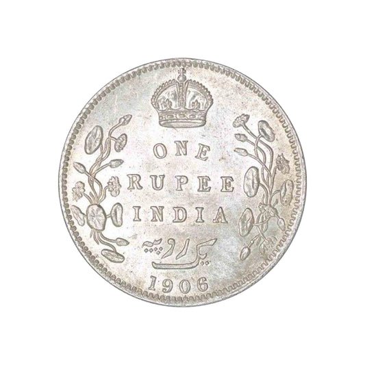 Rare 1906 India one rupee silver coin featuring King Edward VII with floral wreath reverse design, collectible British India coin.