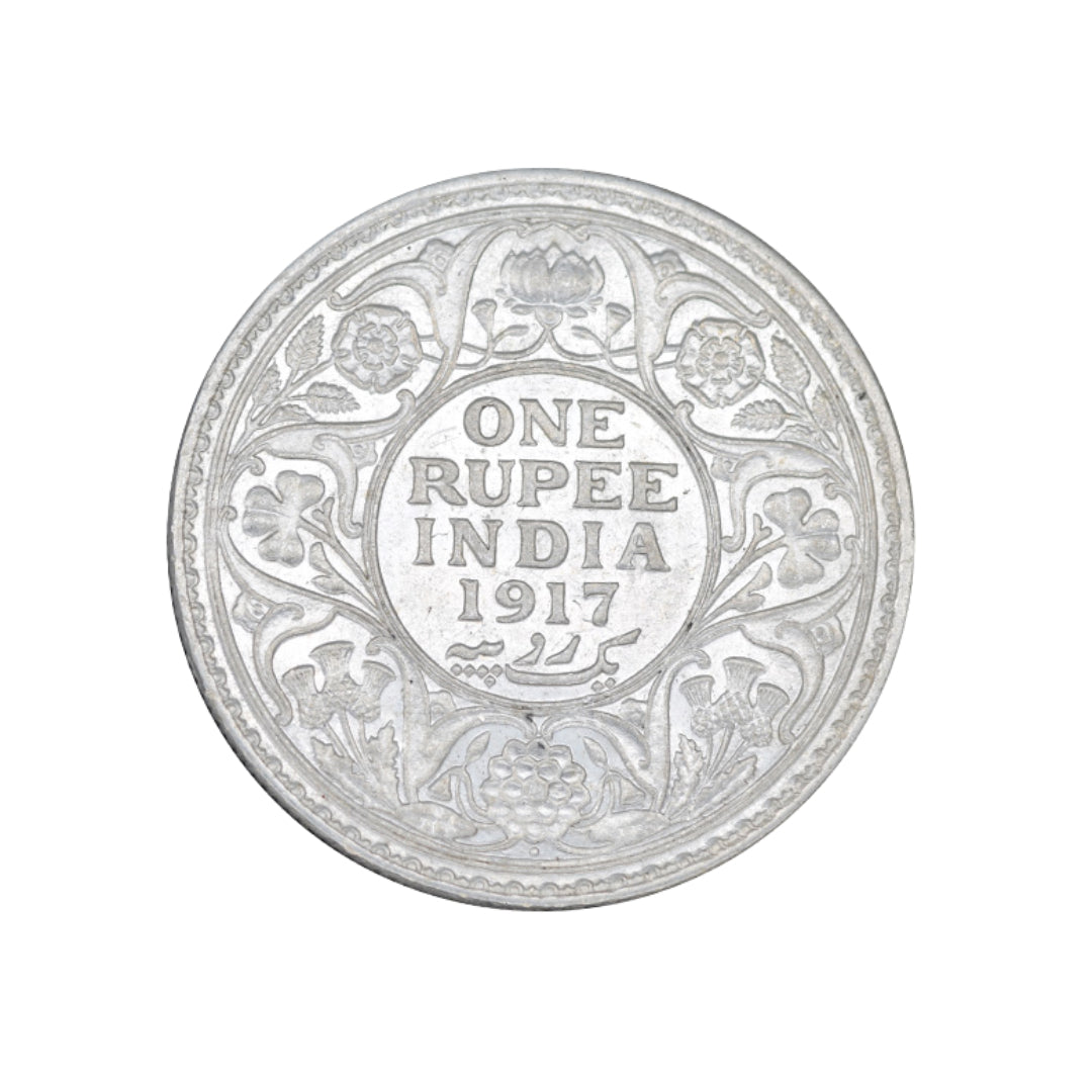 Rare 1917 India one rupee silver coin featuring King George V with floral wreath reverse design, collectible British India coin.