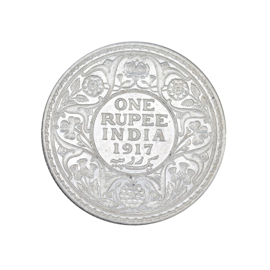 Rare 1917 India one rupee silver coin featuring King George V with floral wreath reverse design, collectible British India coin.