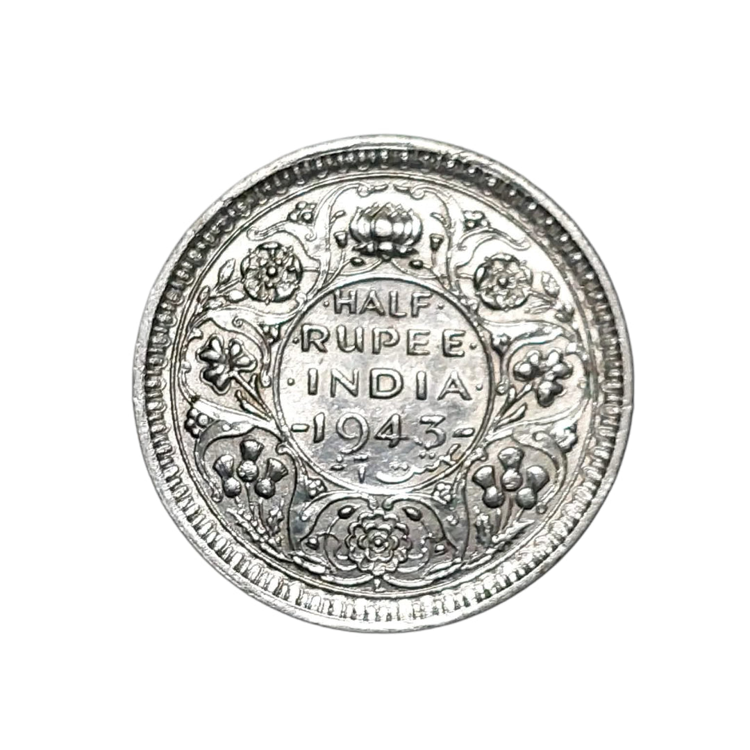 Rare 1943 India one rupee nickel coin featuring King George VI with floral wreath reverse design, collectible British India wartime coin.