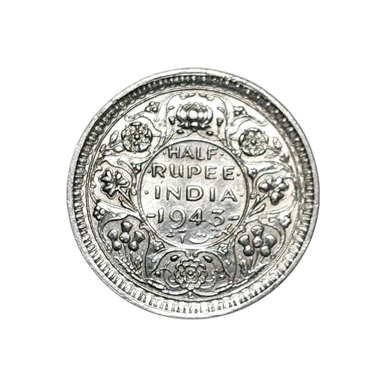 Rare 1943 India one rupee nickel coin featuring King George VI with floral wreath reverse design, collectible British India wartime coin.