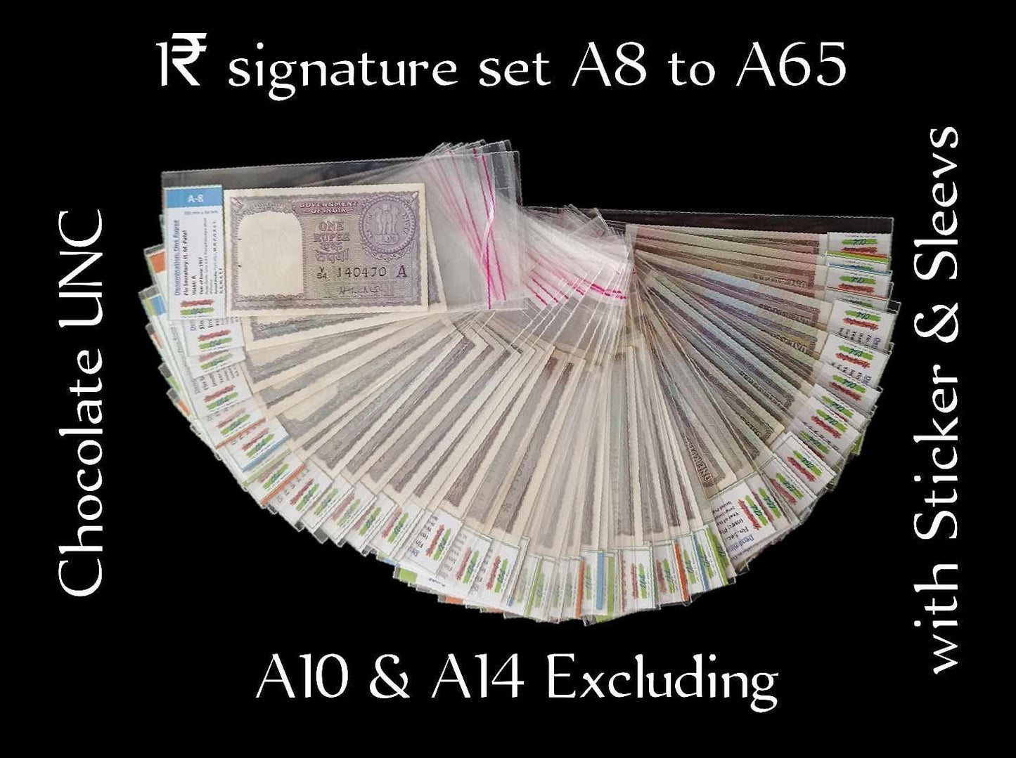 Extremely rare Rs 1 note signature set A8 to A65 (A10–A14 missing) in milky white UNC condition featuring Finance Secretary signatures.