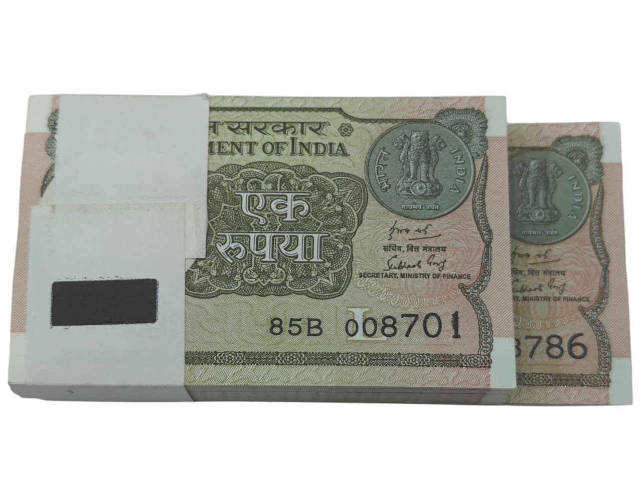 Rare Rs 1 packet serial 008701 with ending 786 Holy Bismillah number in UNC condition, collectible Indian currency notes.