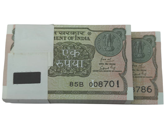 Rare Rs 1 packet serial 008701 with ending 786 Holy Bismillah number in UNC condition, collectible Indian currency notes.