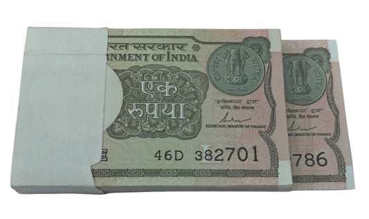 Rare Rs 1 serial packet 382701 ending 786 Holy Bismillah number in UNC condition, collectible Indian currency notes.
