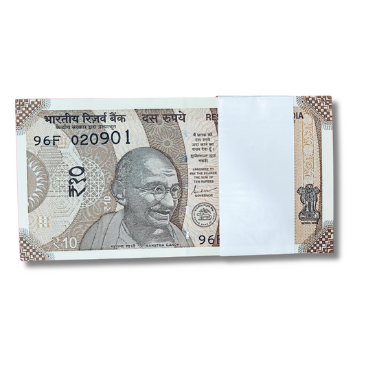 Rare Rs 10 note packet with birthday/anniversary date 02.09.2001, full bundle of 100 GEM UNC notes featuring Gandhi portrait and Konark Sun Temple design.