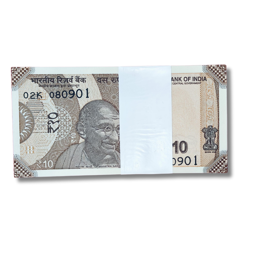 Rare Rs 10 note packet with birthday/anniversary date 08.09.2001, full bundle of 100 GEM UNC notes featuring Gandhi portrait and Konark Sun Temple design.