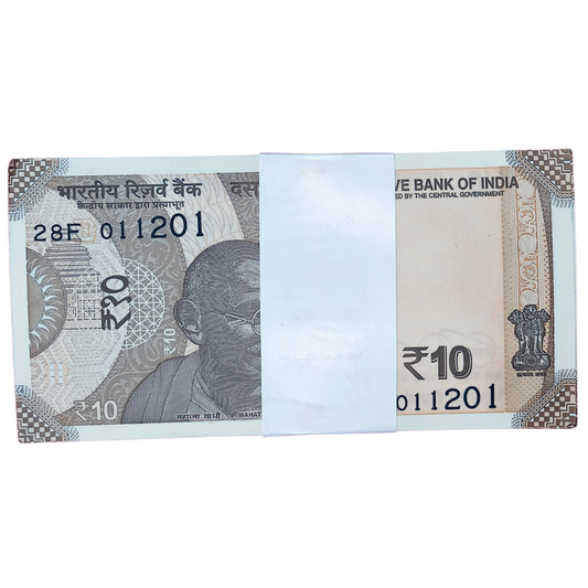 Rare Rs 10 note packet with birthday anniversary date 01.12.2001 (011201) in GEM UNC condition, bundle of 100 notes.