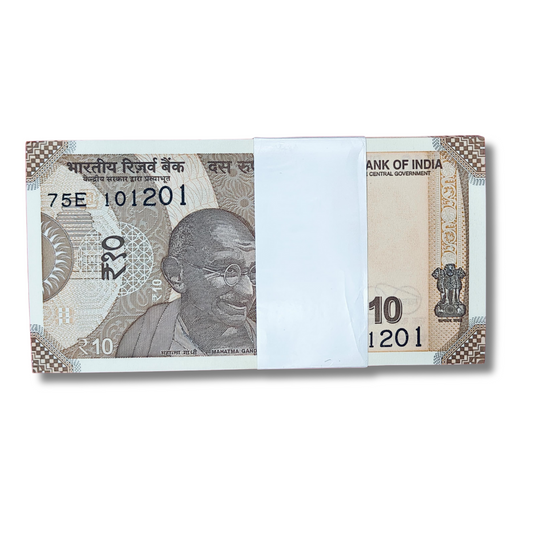 Rare Rs 10 note packet with birthday anniversary number 101201 (10 Dec 2001) in GEM UNC condition, 100 notes bundle.