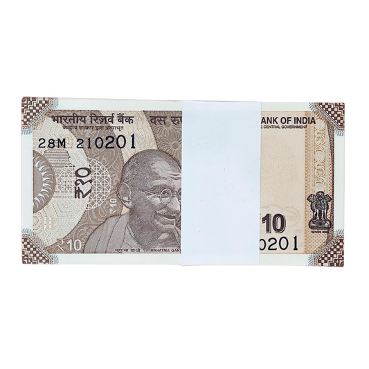Rare Rs 10 note packet with birthday anniversary date 21.02.2001 (210201) in GEM UNC condition, bundle of 100 notes.