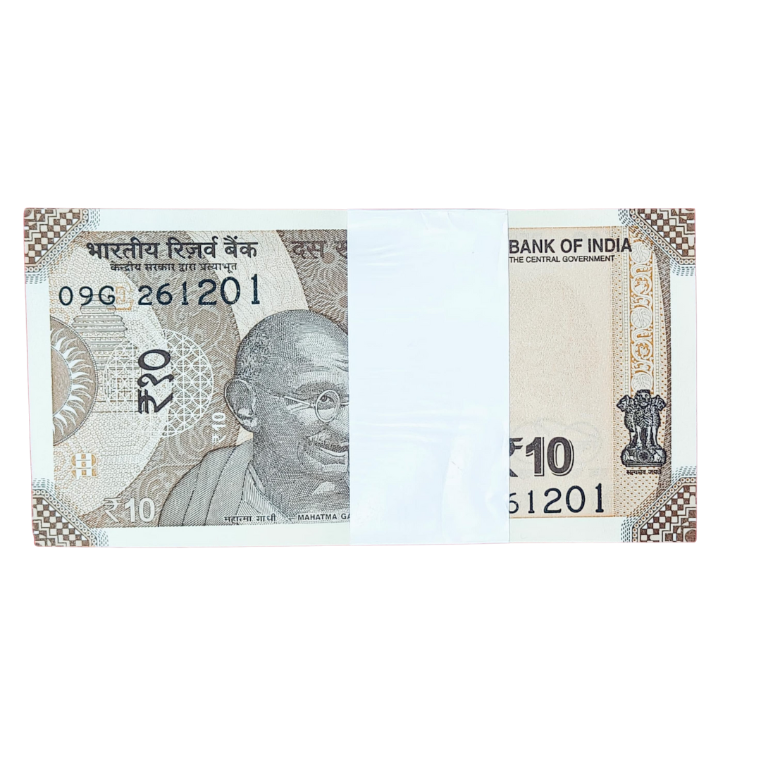 Rare Rs 10 note packet with birthday anniversary number 261201 (26 Dec 2001) in GEM UNC condition, 100 notes bundle.