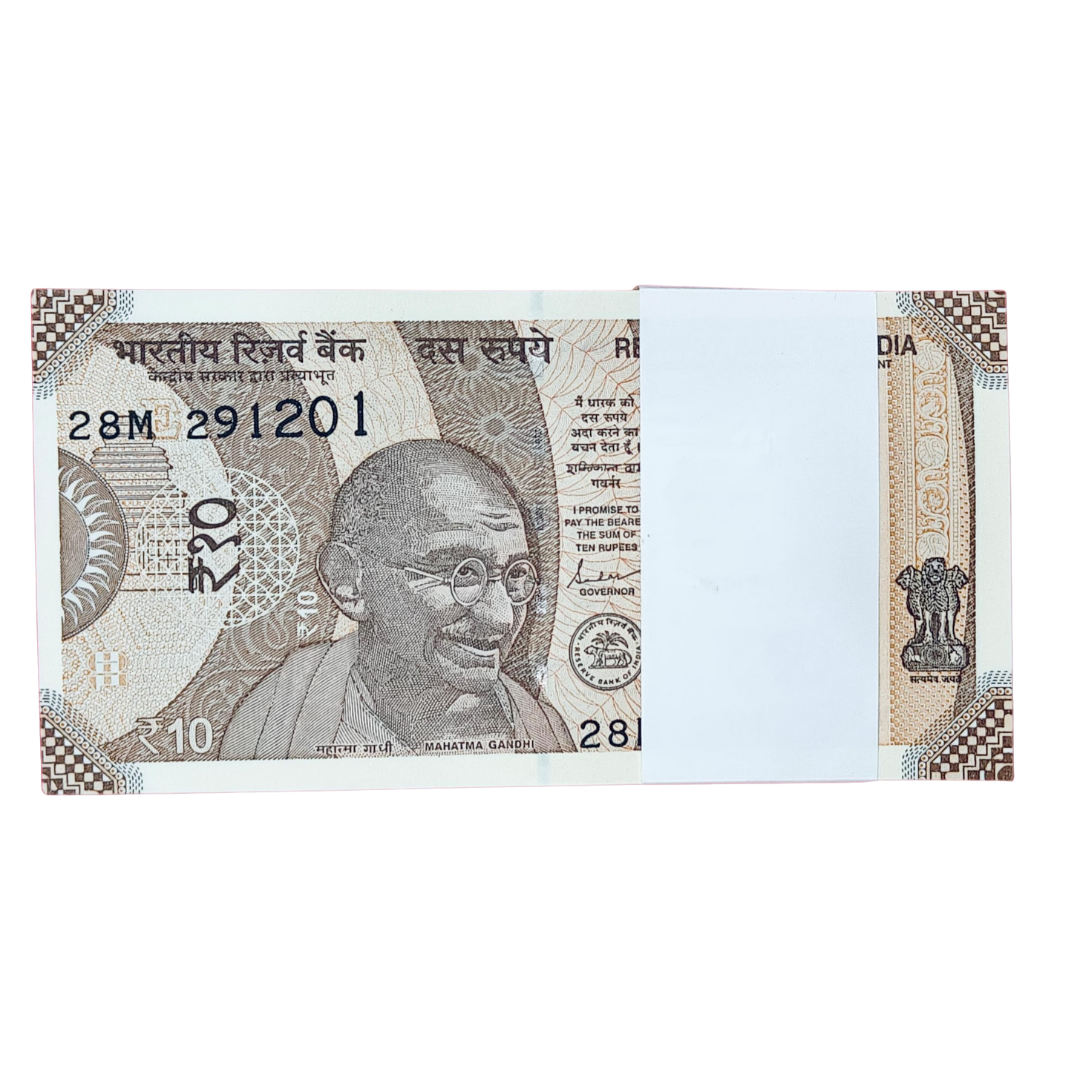 Rare Rs 10 note packet with birthday anniversary date 29.12.2001 (291201) in GEM UNC condition, 100 notes bundle.