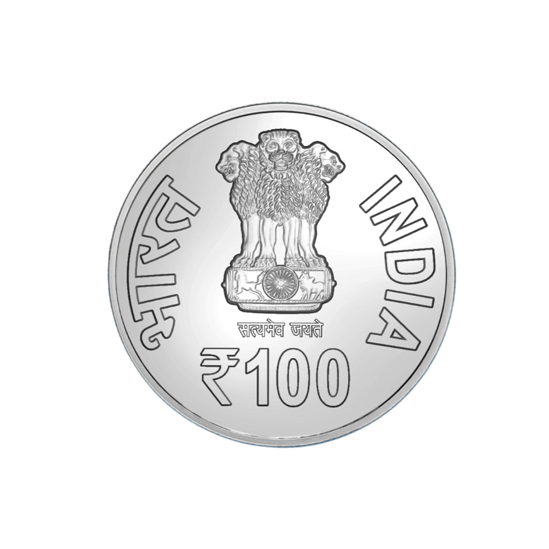 Rs 100 coin commemorating 100 years of Rashtriya Swayamsevak Sangh (1925-2025) issued by India Government Mint in uncirculated condition.