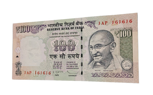 Rare Rs 100 old Indian currency note with serial 161616 tripling number in UNC condition.