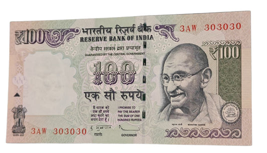 Rare Rs 100 old agriculture note with tripling fancy number 303030 in UNC condition.