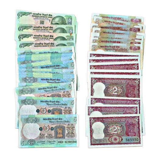 Rare Rs 2 and Rs 5 Jodi signature set (B11–B36 & C15–C45) in uncirculated condition featuring tiger and tractor designs.