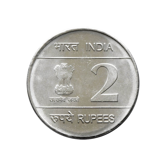 2009 Rs 2 India commemorative coin featuring Louis Braille portrait and Braille script design marking his 200th birth anniversary.