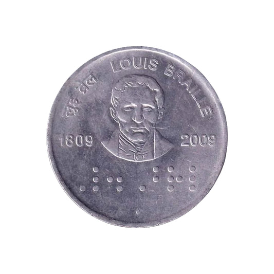 2009 Rs 2 India commemorative coin featuring Louis Braille portrait and Braille script design marking his 200th birth anniversary.