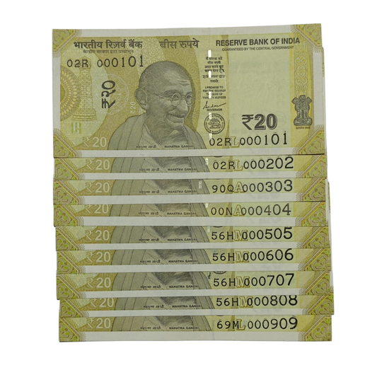 Rs 20 note 9-note fancy serial number set 000101 to 000909, collectible UNC Indian currency notes featuring Konark Wheel design.
