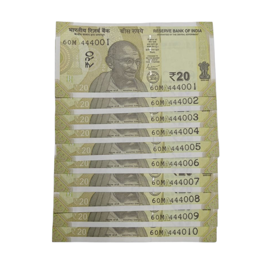 Rs 20 note set with serial numbers 444001 to 444010, 60M prefix, fancy quadruple number collectible in UNC condition.