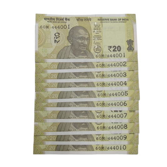 Rs 20 note set with serial numbers 444001 to 444010, 60M prefix, fancy quadruple number collectible in UNC condition.