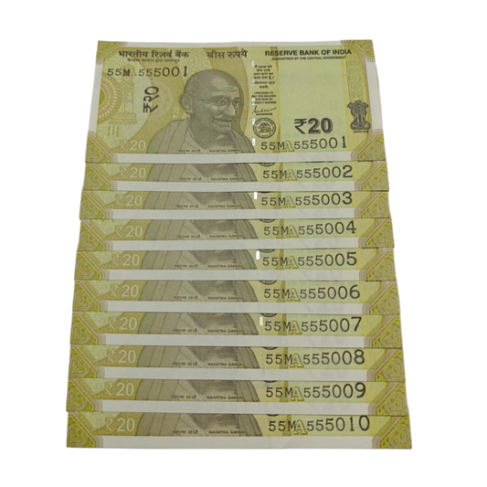 Rs 20 note 10 note set with serial numbers 555001 to 555010, common prefix 55M, uncirculated collectible currency notes India.
