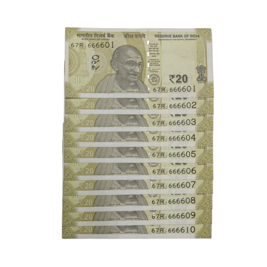 Rs 20 note 10-piece set with serial numbers 666601 to 666610, 67R prefix, fancy 6666 pattern collectible in UNC condition.