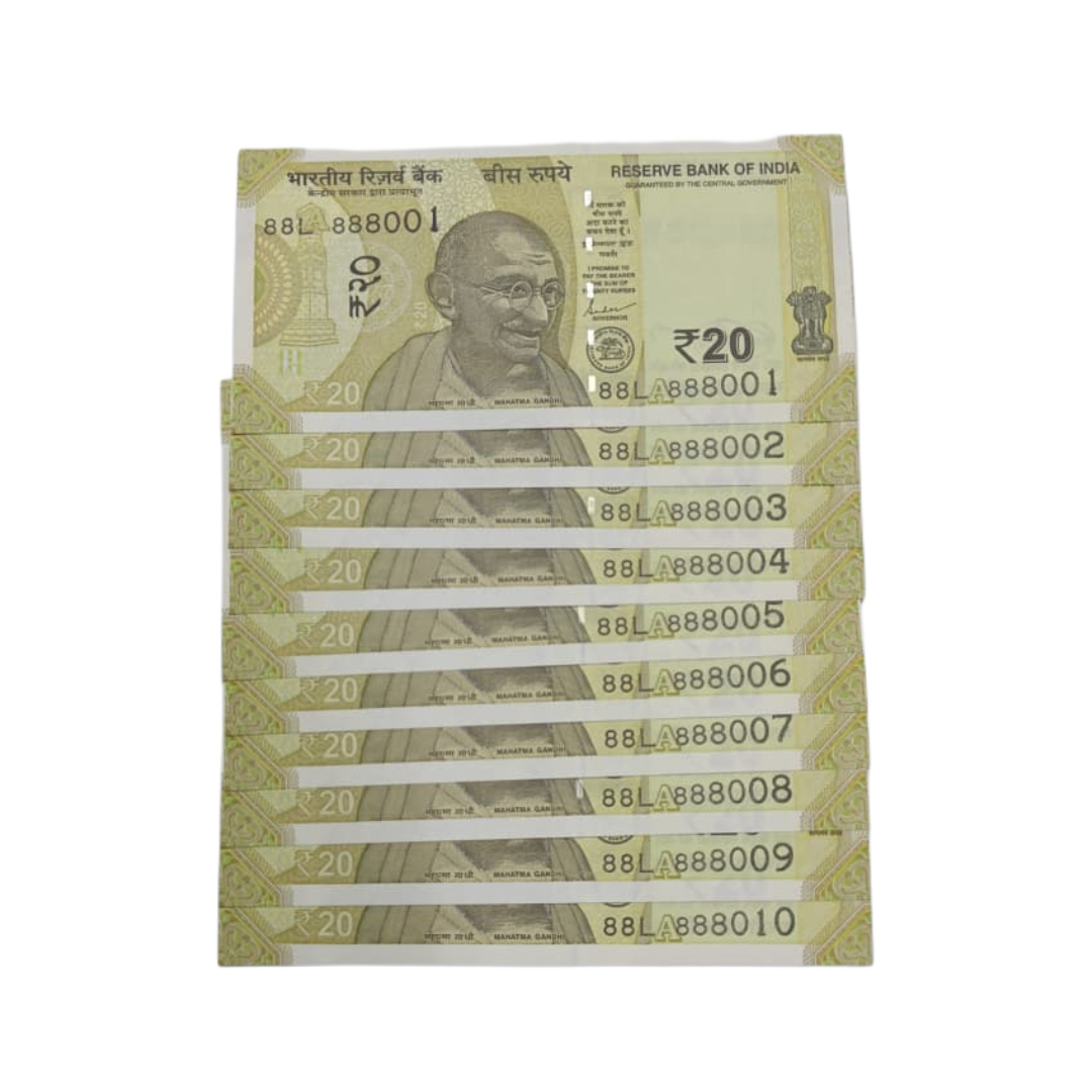 Rs 20 note 10-piece super serial number set 888001 to 888010, 88L prefix, triple 888 pattern, rare collectible notes in UNC condition.
