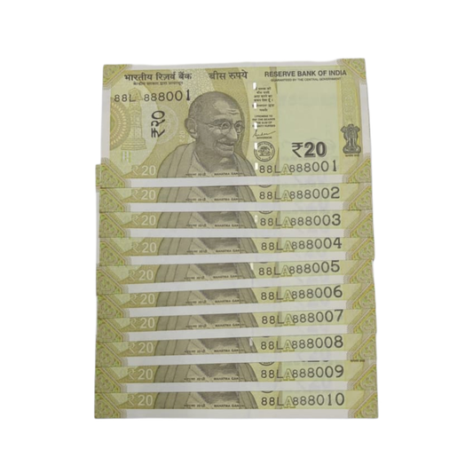 Rs 20 note 10-piece super serial number set 888001 to 888010, 88L prefix, triple 888 pattern, rare collectible notes in UNC condition.