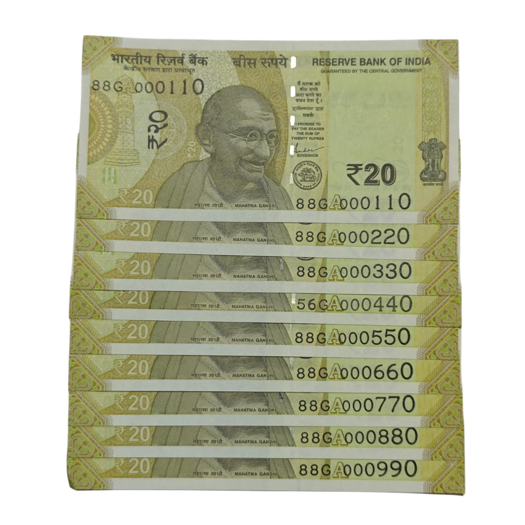 Rare Rs 20 note fancy serial set 000110 to 000990, 9 uncirculated notes with double ending numbers and Konark Wheel design.