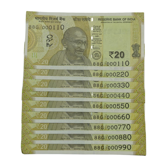 Rare Rs 20 note fancy serial set 000110 to 000990, 9 uncirculated notes with double ending numbers and Konark Wheel design.