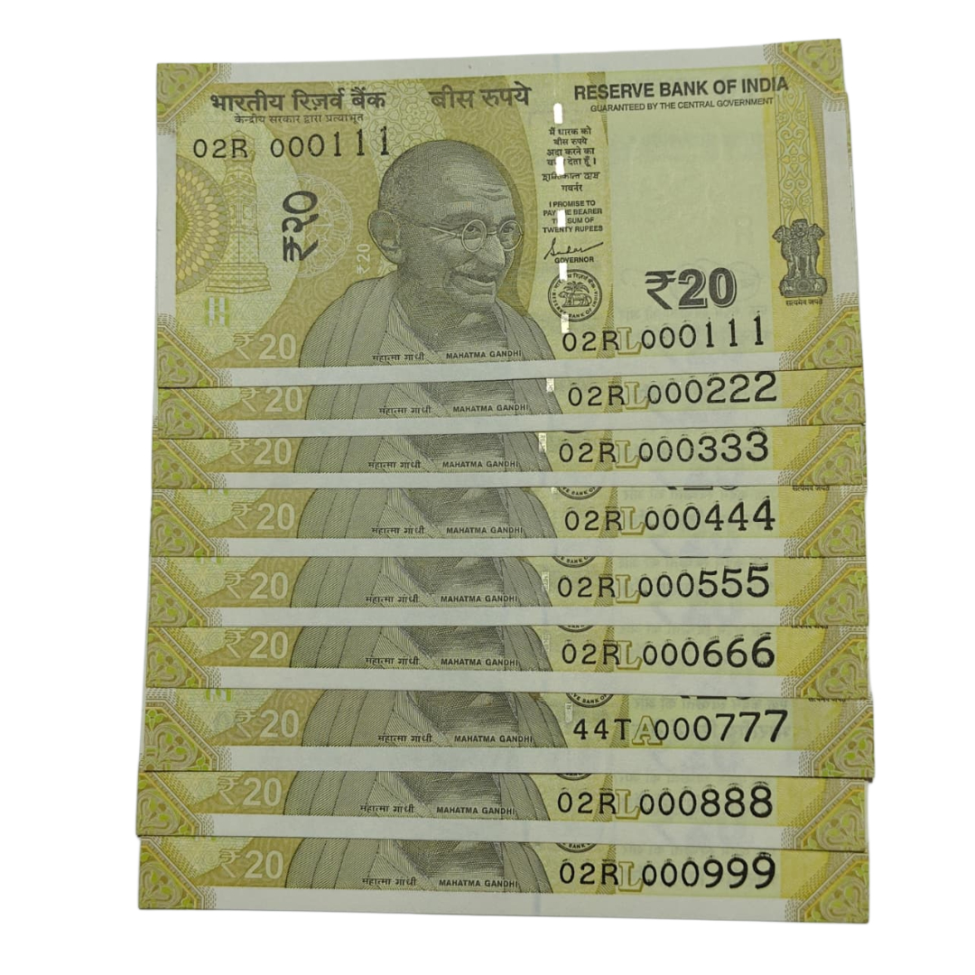 Rs 20 note 9-note fancy serial number set 000111 to 000999, rare collectible Indian currency notes with Konark Wheel design in UNC condition.