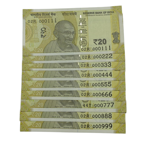 Rs 20 note 9-note fancy serial number set 000111 to 000999, rare collectible Indian currency notes with Konark Wheel design in UNC condition.