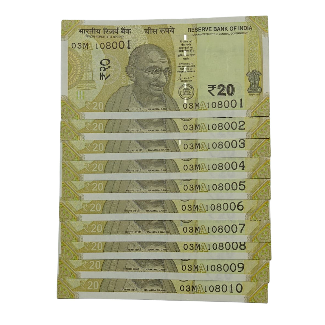 Rs 20 note 10-note set with serial numbers 108001 to 108010 from the old Mahatma Gandhi series, uncirculated collectible notes.