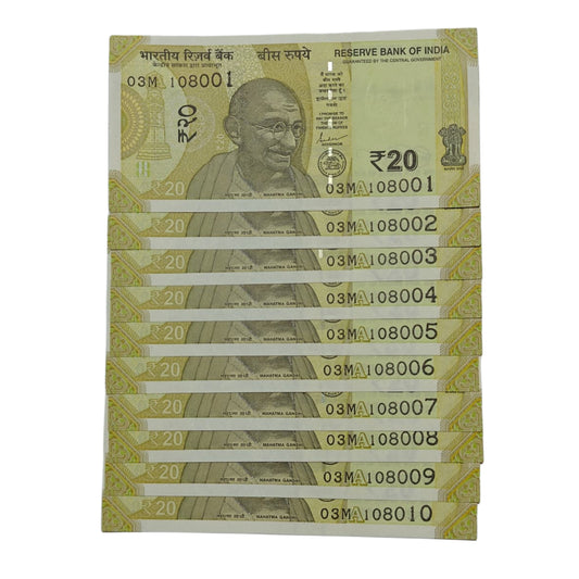 Rs 20 note 10-note set with serial numbers 108001 to 108010 from the old Mahatma Gandhi series, uncirculated collectible notes.
