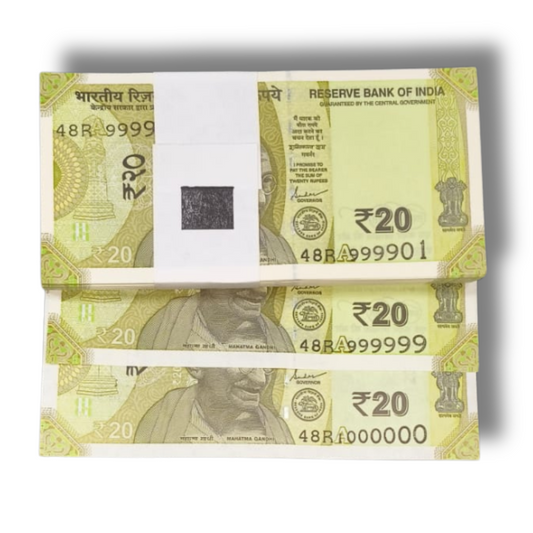 Rs 20 super fancy note packet with serials 999901 to 1000000, 7-digit number, 100 sequential notes collectible