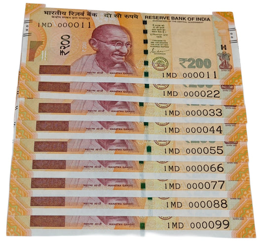 Rare Rs 200 lower number note set 000011 to 000099, signed by Shaktikanta Das in UNC condition, collectible Indian currency.