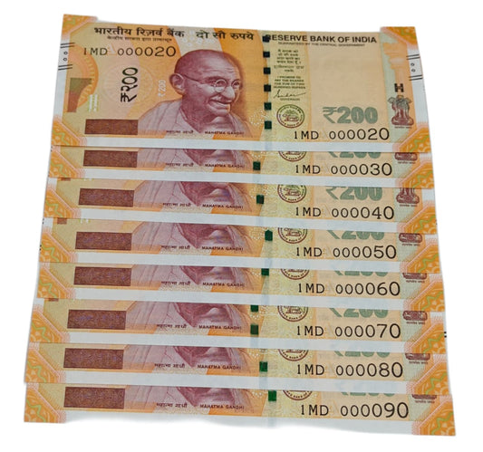 Rare Rs 200 lower number note set from 000020 to 000090, signed by Shaktikanta Das, in UNC condition.