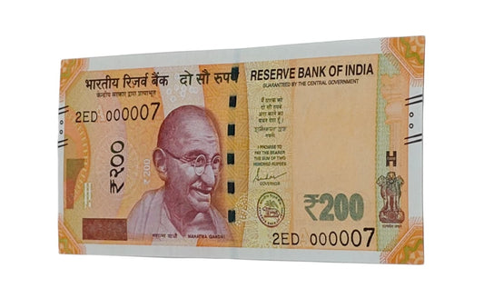 Rare Rs 200 note with single-digit serial 000007 signed by Shaktikanta Das in UNC condition.
