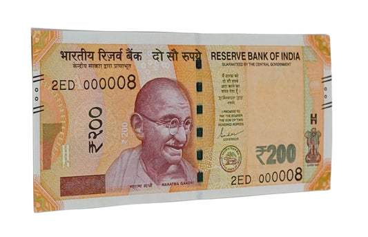 Rare Rs 200 note with single-digit serial number 000008 signed by Shaktikanta Das in UNC condition.