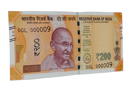 Rare Rs 200 note with ultra-low serial number 000009 signed by Shaktikanta Das in UNC condition.