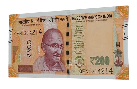 Rare Rs 200 note with doubling number 214214 Jai Shri Ram signed by Shaktikanta Das in UNC condition.