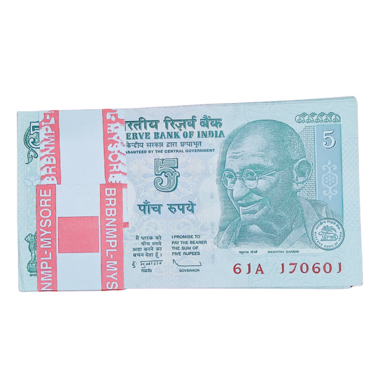 Rs 5 Tractor Gandhi Anniversary note dated 17.06.01, full packet of 100 notes in GEM UNC condition.