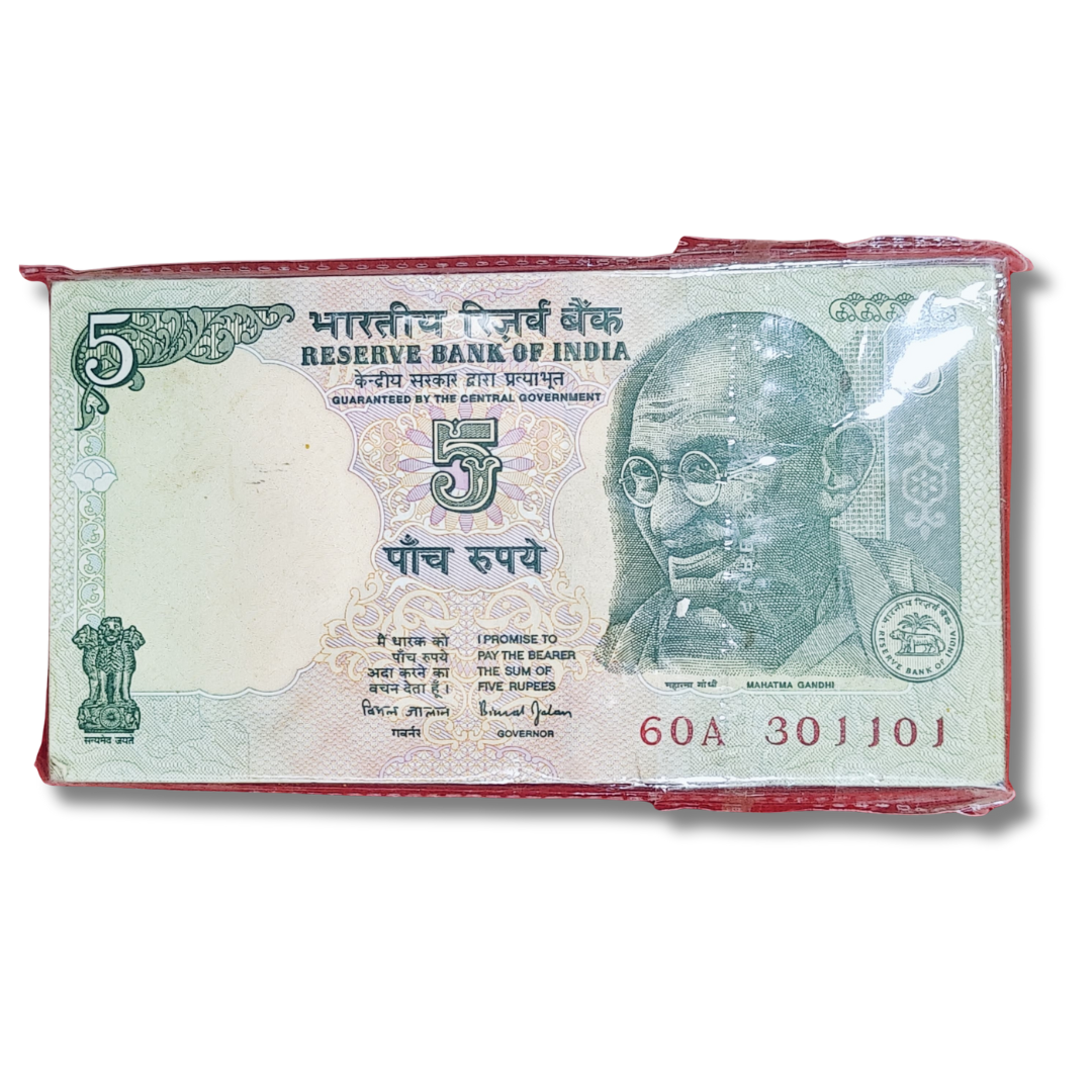 Rs 5 Tractor Gandhi Anniversary note dated 30.11.01, full packet of 100 notes in GEM UNC condition.