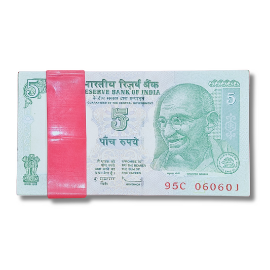 Rs 5 Tractor Gandhi Birthday note dated 06.06.01, 100 pieces packet in GEM UNC condition.